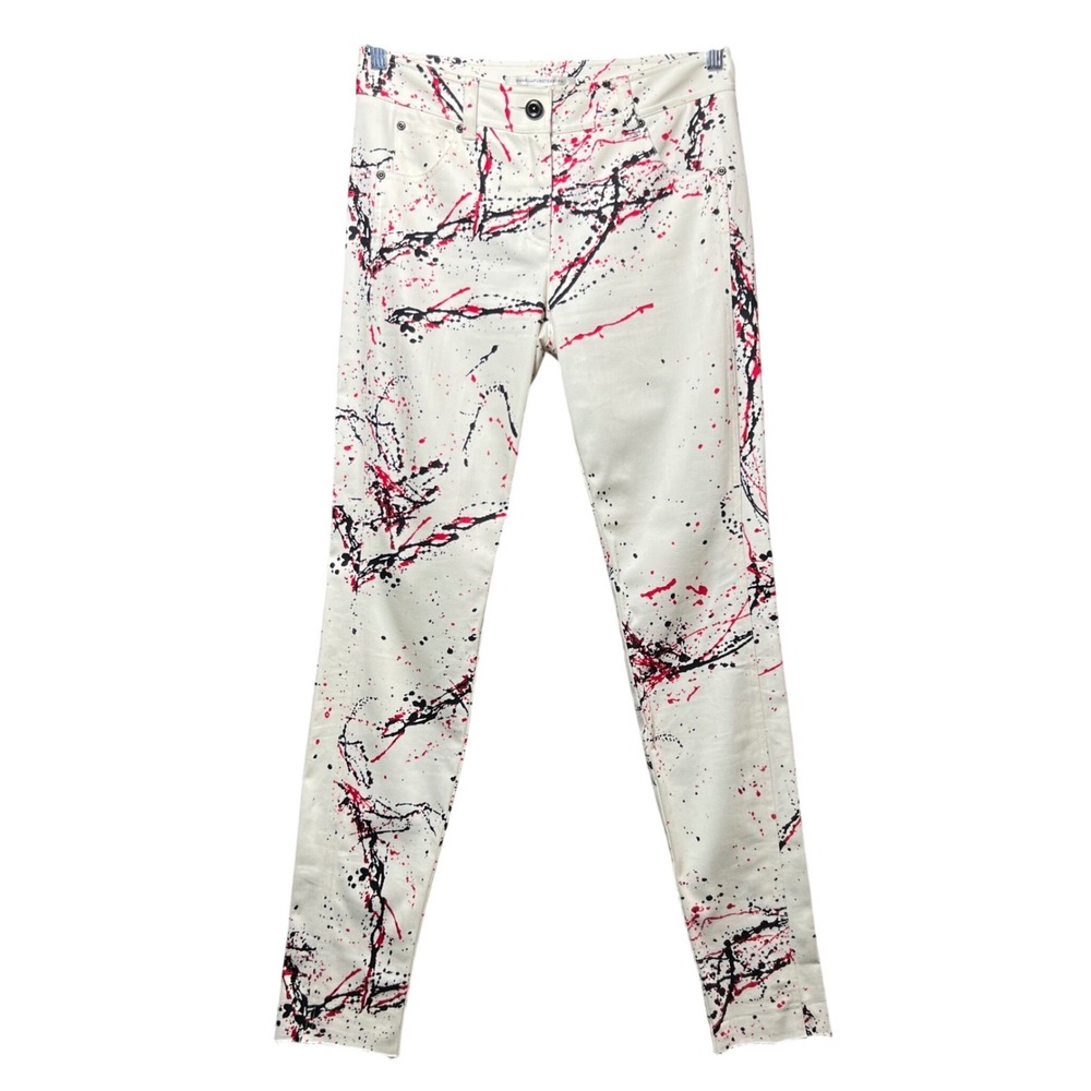 Diane von Furstenberg White‎ Red Black Paint Splatter Jeans 8 Raw Hem DVF Pant